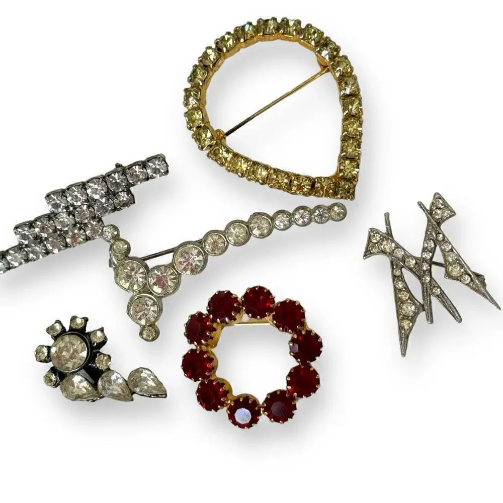 6 Vintage Rhinestone Pin Brooches Red, White Silver Metal 1940’s+ Estate Lot